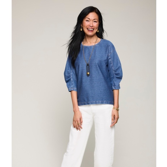 Lisa Bayne Dream Knit Denim Puff Sleeve Pullover Shirt Top, Light Blue, Size S - Picture 1 of 10